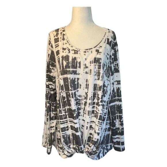 Rose & Olive Soft Knit Top Gray White Tie Dye Twist Hem Long Sleeve Scoop Neck S - Picture 1 of 6